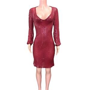 Vintage Hugo Buscati Deep Red Sequin Dress 1980s Cowl Neck Long Sleeve Silk Sz 4